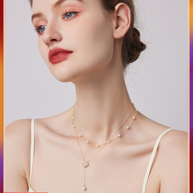 金 ネックレス 花モチーフ真珠付き二連レイヤード垂れ飾りネックレス