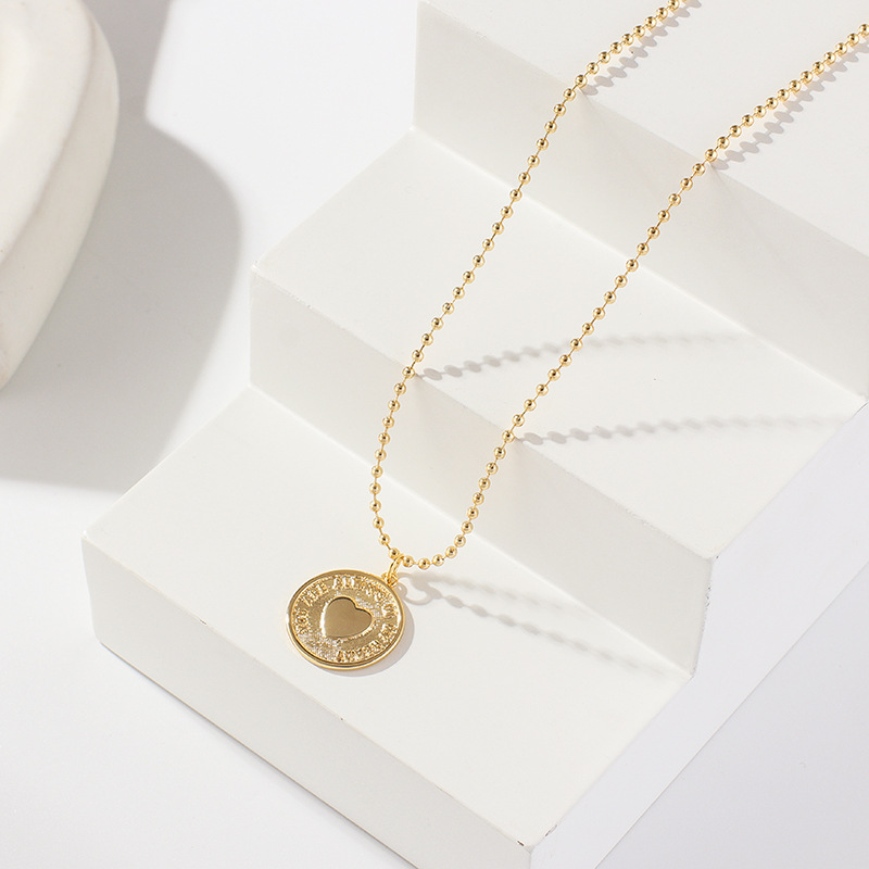 金 ネックレス レディースハート円形プレート付きボールチェーンネックレス