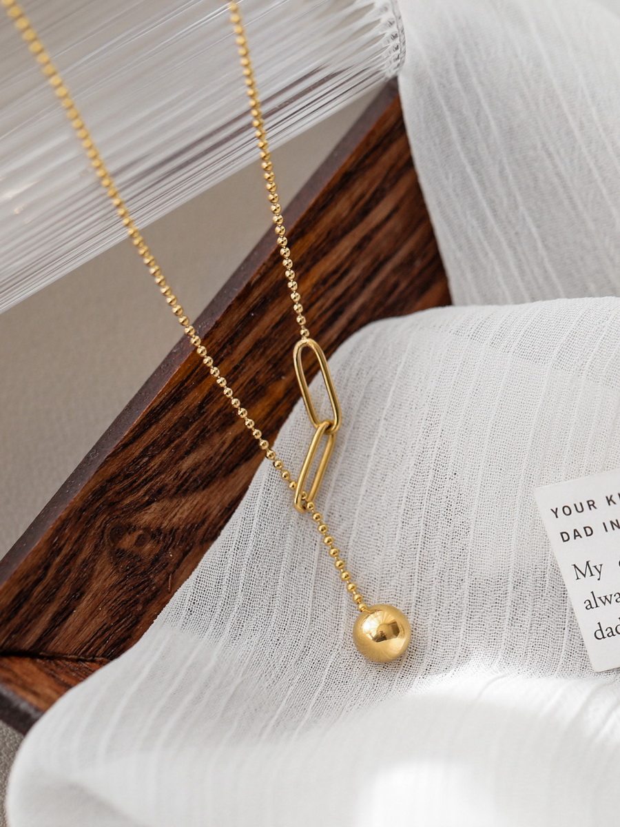 金 ネックレス 楕円モチーフ球玉ドロップ調節可能ネックレス