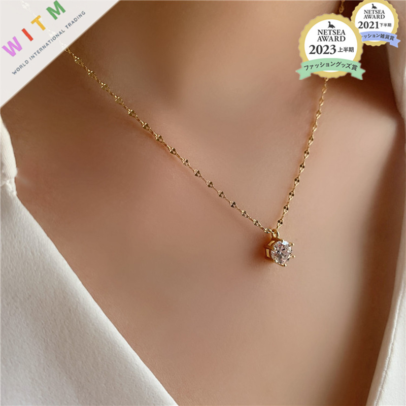 金 ネックレス 輝く一粒石付き金色チェーンネックレス