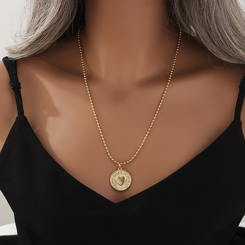 金 ネックレス レディースハート円形プレート付きボールチェーンネックレス