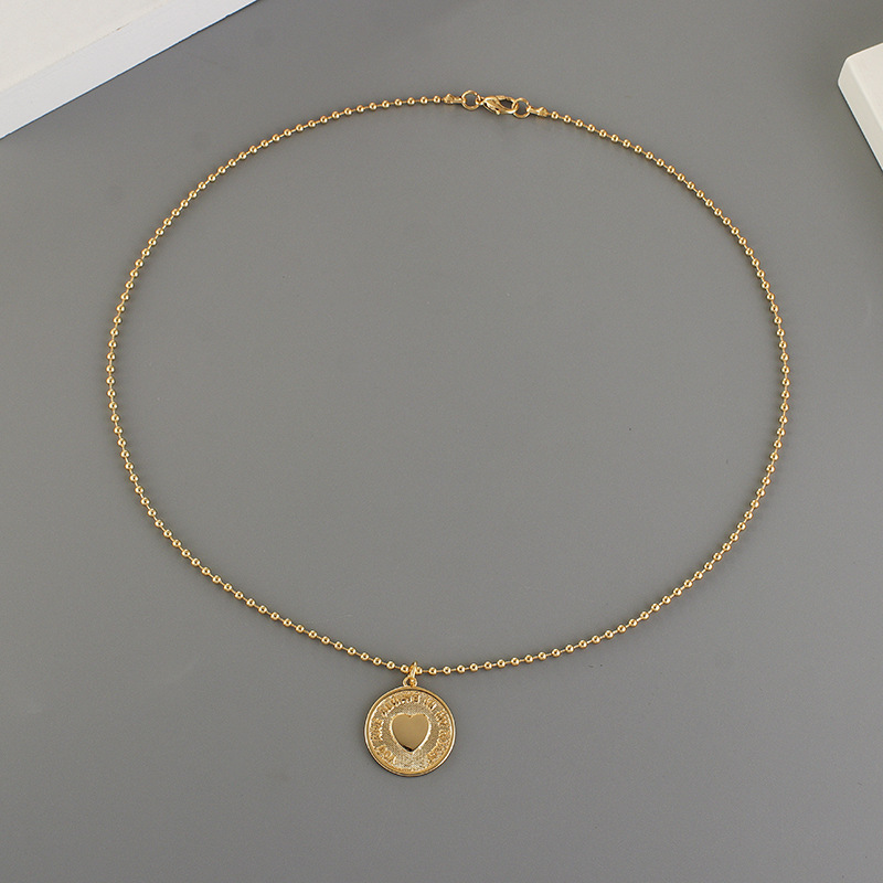 金 ネックレス レディースハート円形プレート付きボールチェーンネックレス