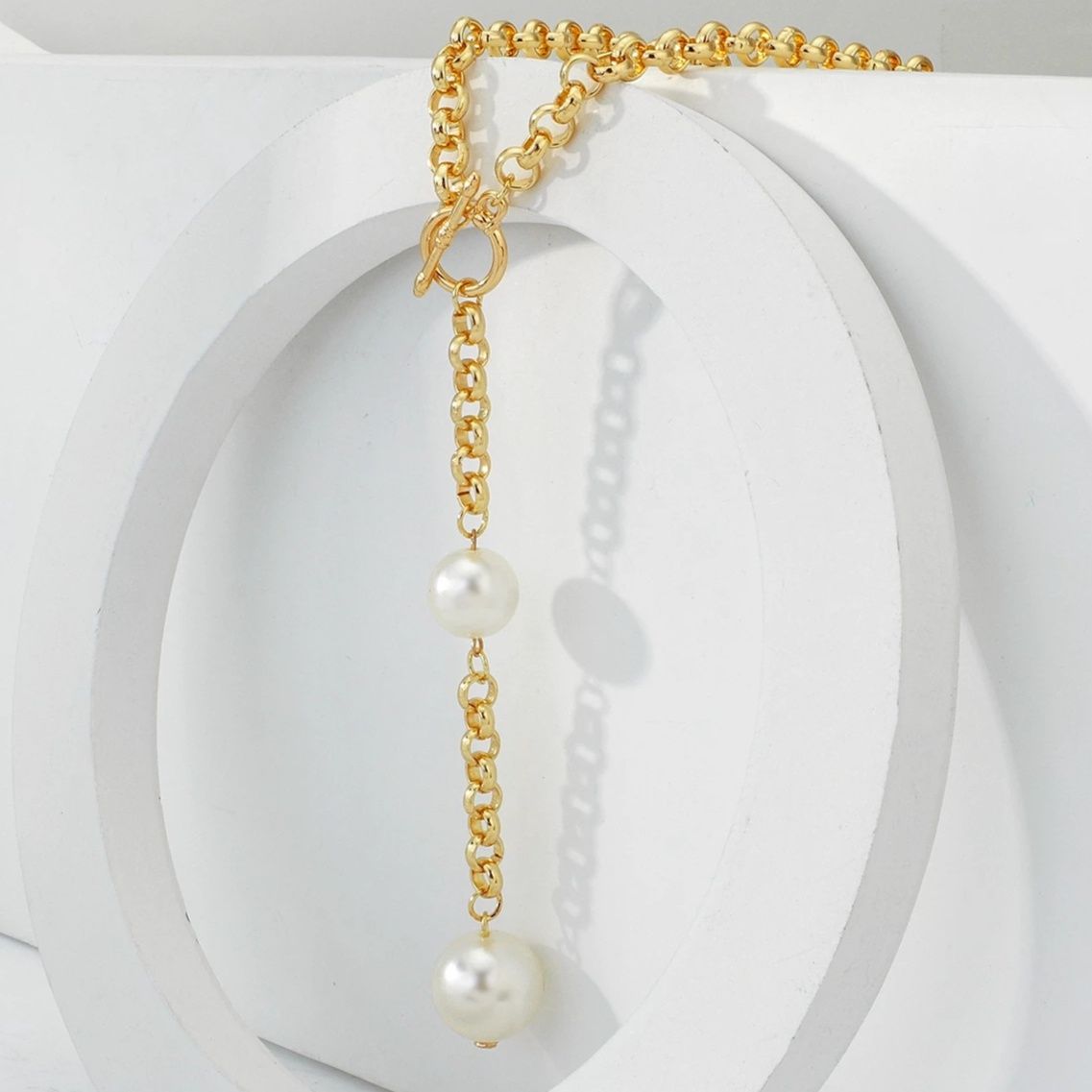 ゴールドアクセサリー 二連パール付き調節可能チェーンネックレス