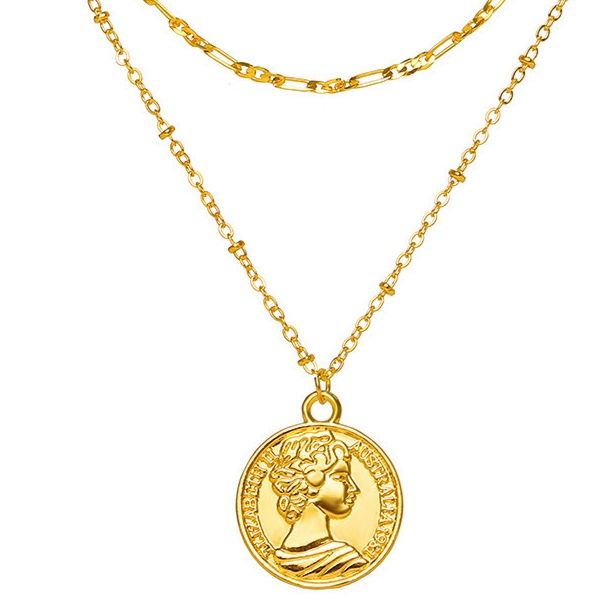 ゴールドアクセサリー 三連チェーン古銭モチーフ重ね付けネックレス