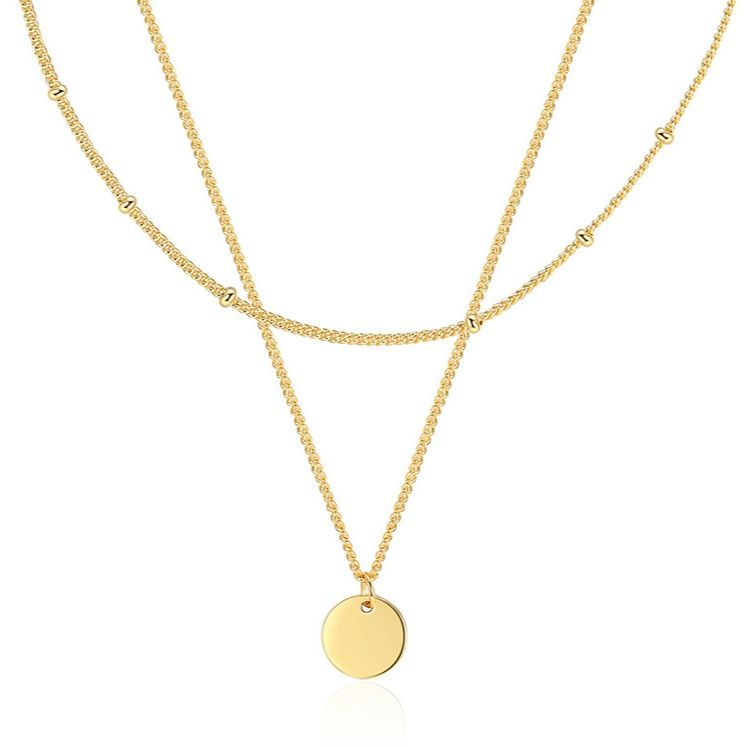 ゴールドアクセサリー 華奢な二連チェーン丸型プレート付きネックレス