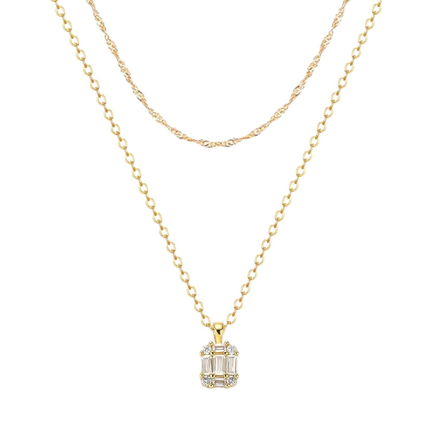 ゴールドアクセサリー 華奢な二連チェーンと一粒石の重ね付けネックレス