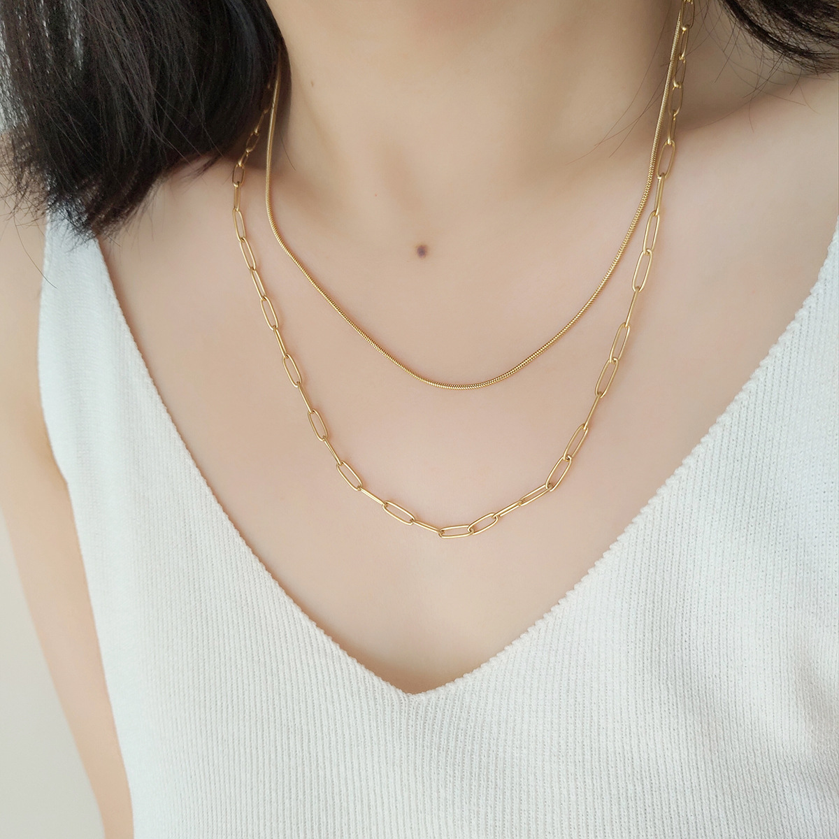 ゴールドアクセサリー 二重層チェーンネックレス
