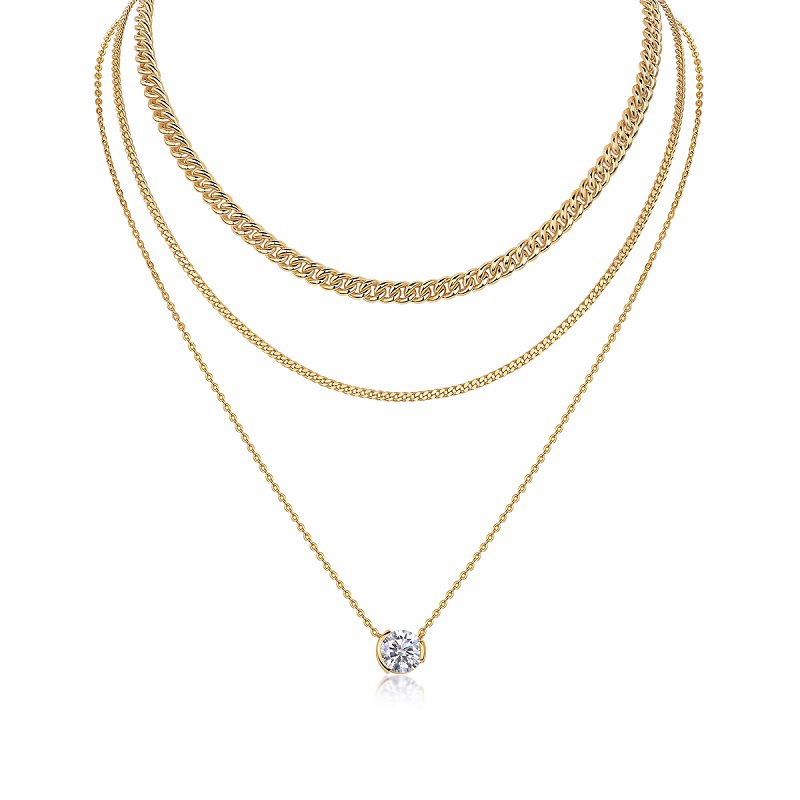 ゴールドアクセサリー 三連チェーン宝石煌く重ね着けネックレス