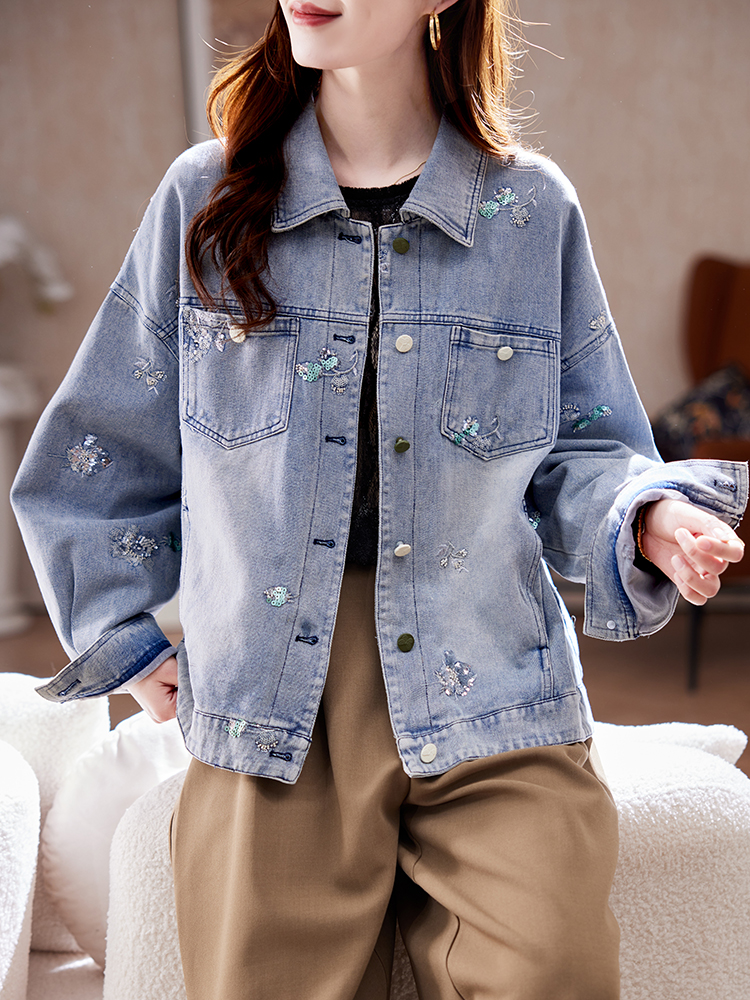 きれいめカジュアル 花刺繍ゆったりデニムジャケット