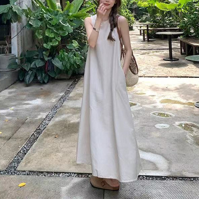 きれいめカジュアル 涼感ノースリーブロング丈ゆったりワンピース