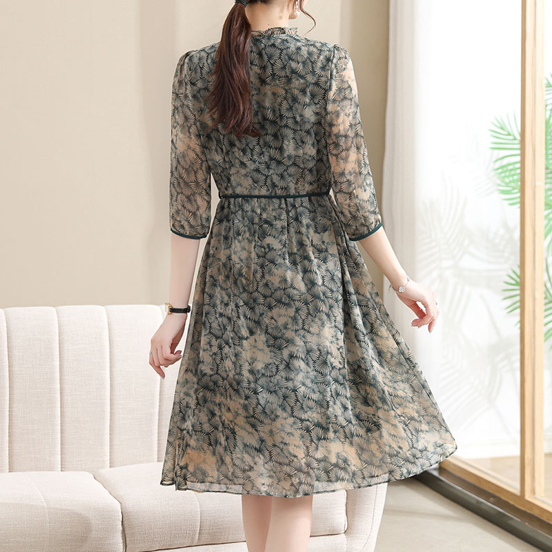 きれいめカジュアル 花柄シフォン七分袖ウエストリボンワンピース