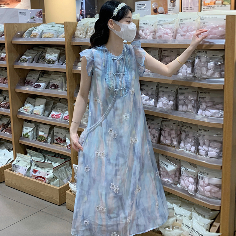 きれいめカジュアル 花模様チャイナ風ロングワンピース