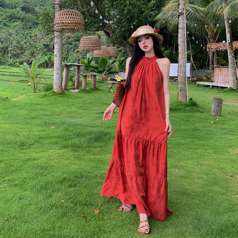 きれいめカジュアル ホルターネックティアードロングワンピース