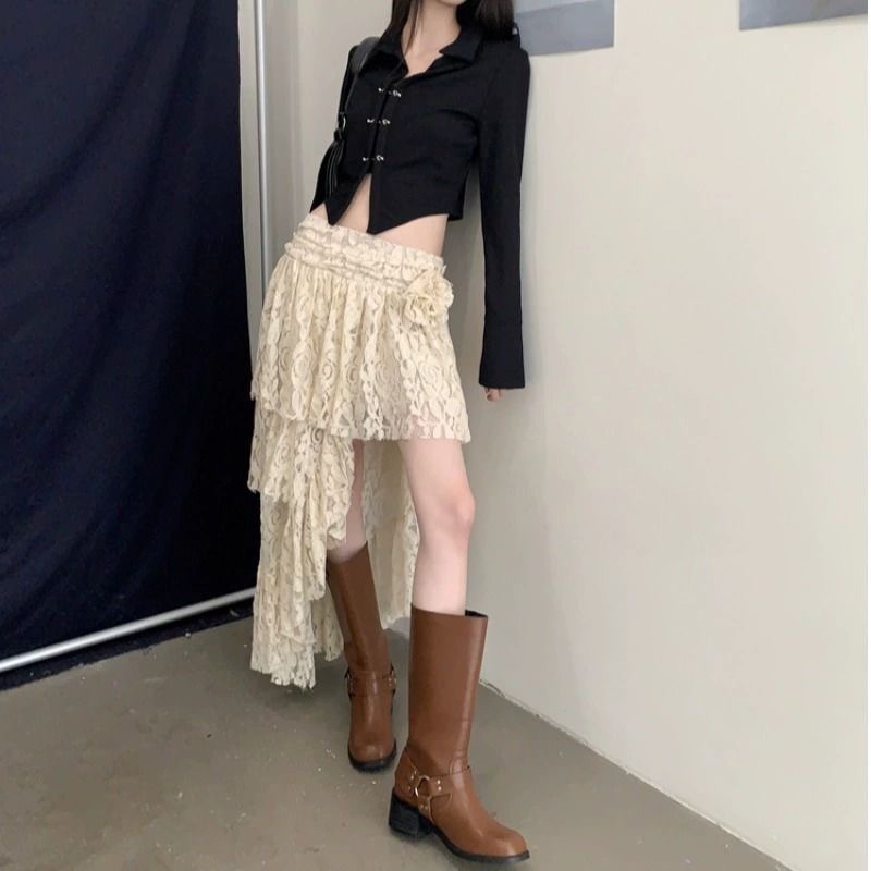 きれいめカジュアル 花柄レース重ね高低裾スカート