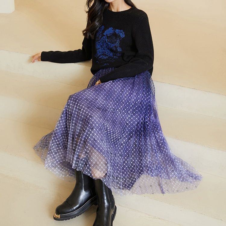 きれいめカジュアル チュール格子柄ミディスカート