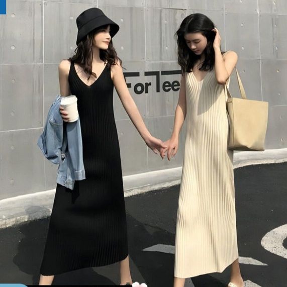 きれいめカジュアル 深めブイネックニットキャミソールロングワンピース