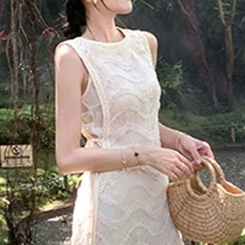 きれいめカジュアル レース切替シフォンマーメイドノースリーブワンピース