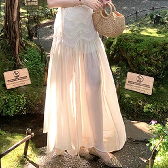 きれいめカジュアル レース切替シフォンマーメイドノースリーブワンピース