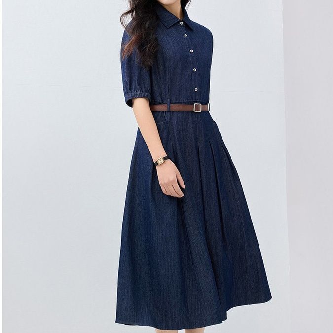 きれいめカジュアル デニム調シャツ襟ベルト付き五分袖フレアワンピース