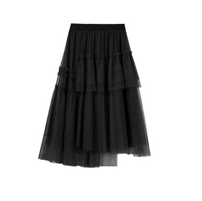 きれいめカジュアル ふんわり重ねチュールミディスカート