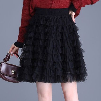 きれいめカジュアル 立体ティアードチュール膝丈スカート