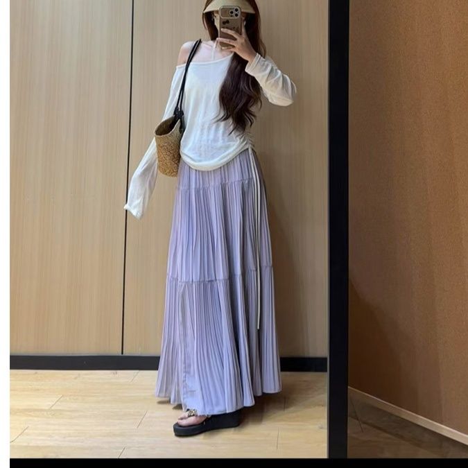 きれいめカジュアル 三段切替プリーツロングスカート