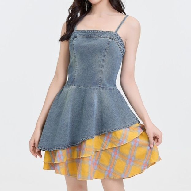 きれいめカジュアル デニム重ね切替ワンピース