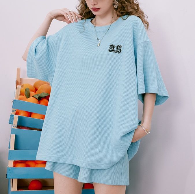 きれいめカジュアル ワッフル素材セットアップ半袖スエット