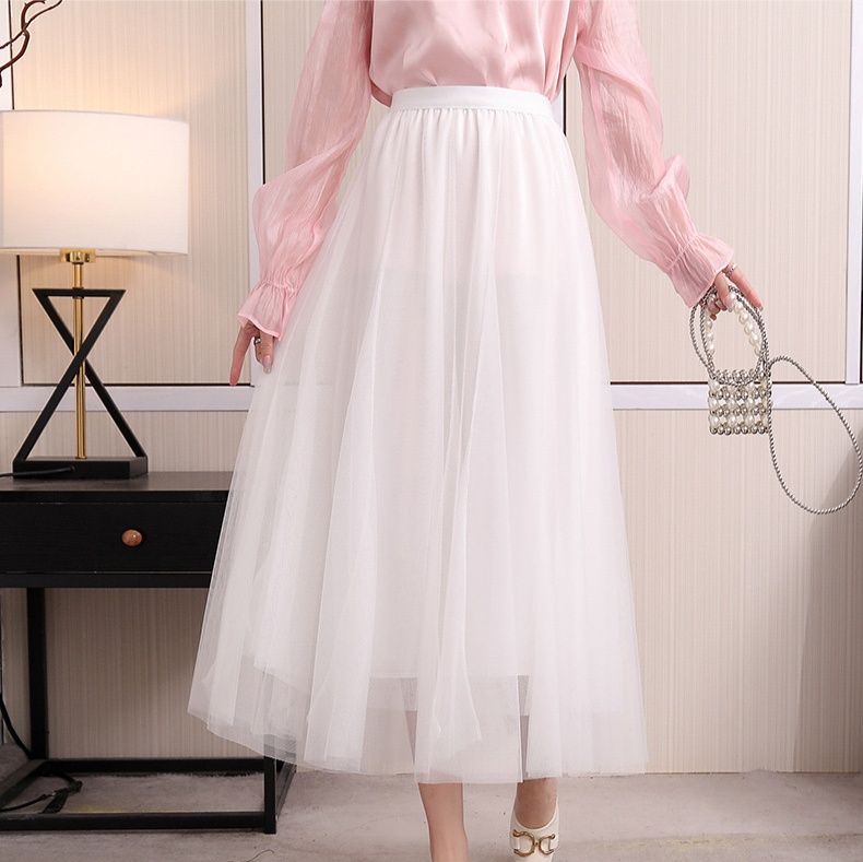 きれいめカジュアル ふんわり軽やか重ねる網目生地丈長スカート