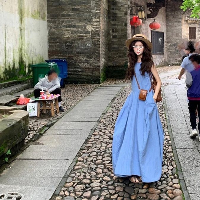 きれいめカジュアル ナチュラルリネン風ノースリーブマキシ丈ワンピース