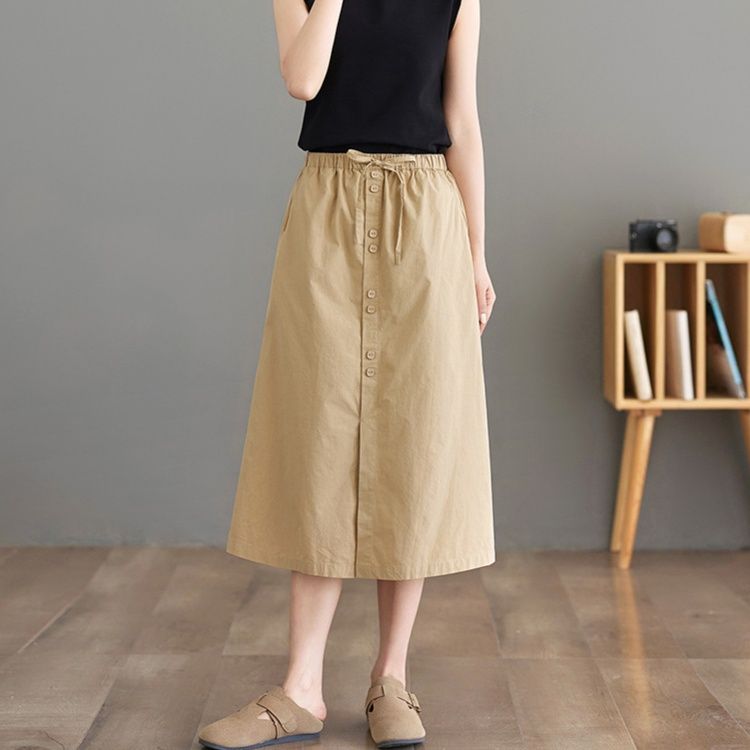 きれいめカジュアル フロントボタンウエストゴム仕様ミディ丈スカート