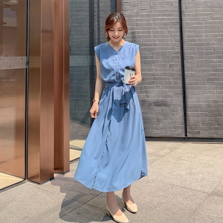 きれいめカジュアル ウエストリボン付きフレンチスリーブロングワンピース