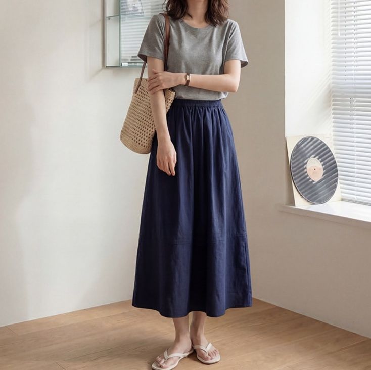 きれいめカジュアル リネン風 フレアロングスカート レディース 夏向け ゆったり 体型カバー ナチュラル