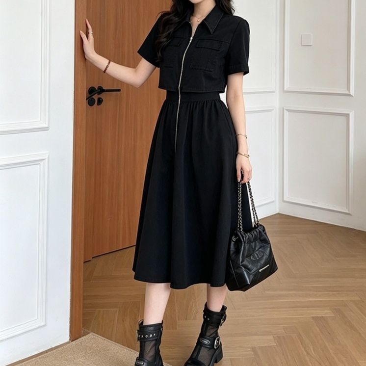 きれいめカジュアル ミリタリー風 襟付きシャツワンピース ウエストシェイプ 細見え フロントジップ ロング/ミニ丈