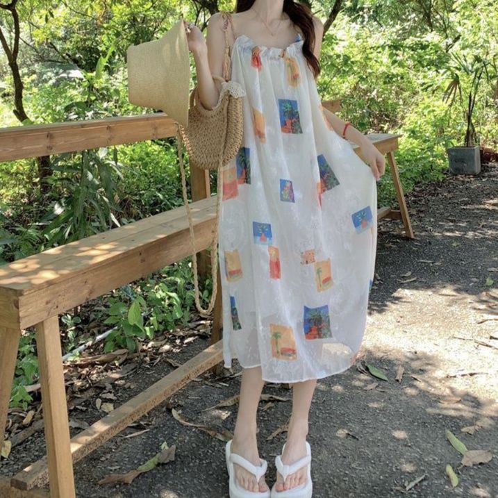 きれいめカジュアル フリンジシフォンキャミワンピース レディース ゆったりロング丈 透け感 夏コーデ 