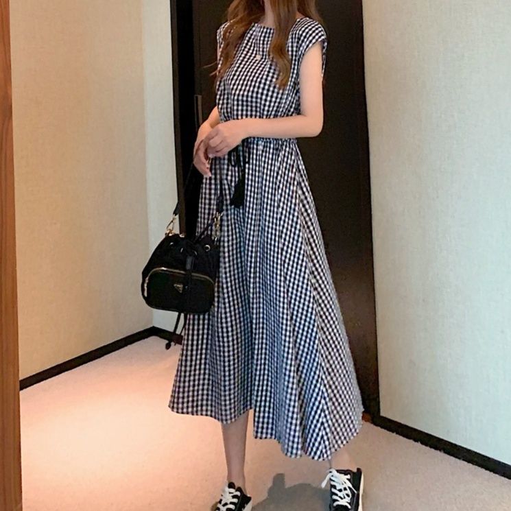 きれいめカジュアル フレンチスリーブフレアロングワンピース レディース ウエスト調整可能 大人ナチュラル ゆったり大きいサイズ 夏ワンピ