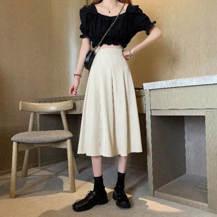きれいめカジュアル Aラインプリーツスカート レディース ミモレ丈 ハイウエスト ふんわりフレア 体型カバー 着痩せ
