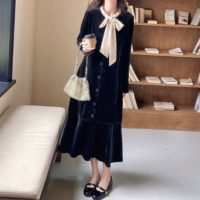 きれいめカジュアル 配色リボン付きロングワンピース レディース フレンチレトロ ベロア調 エレガント フェミニン 長袖ロングドレス