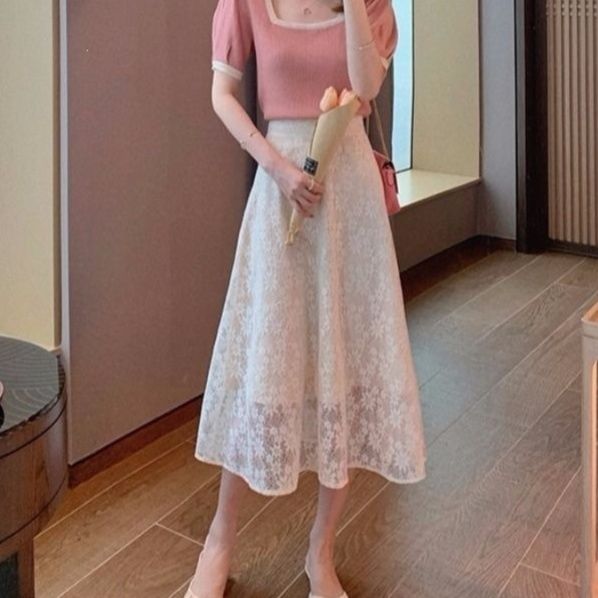 きれいめカジュアル ふんわりレースチュールスカート レディース ハイウエスト 透かしデザイン シフォン ミモレ丈 Aライン フェミニン