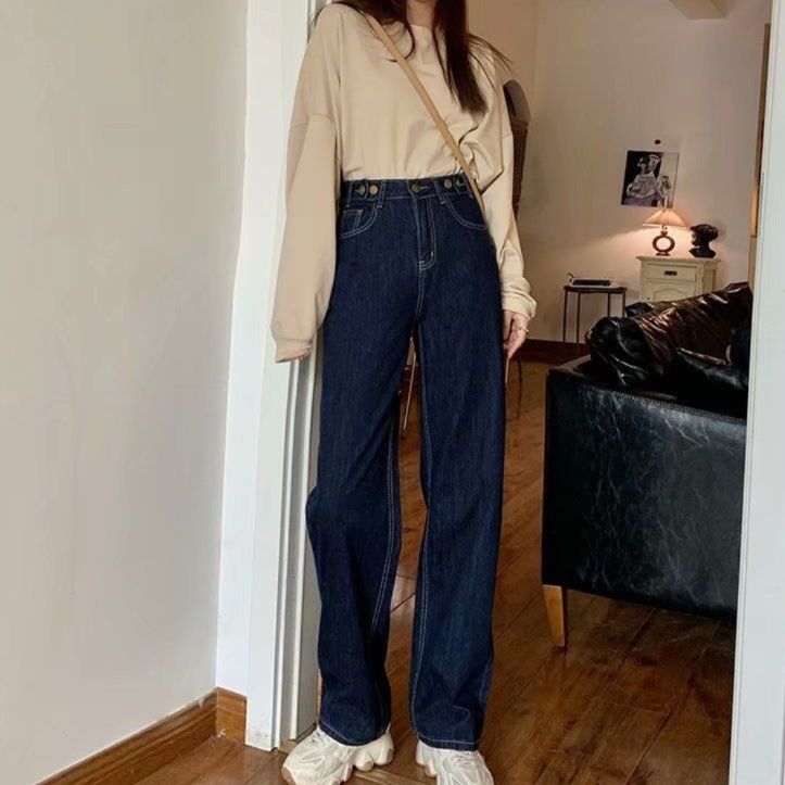 ハイウエストワイドデニムパンツ レディース ゆったり美脚シルエット きれいめ レトロカジュアル ストレートジーンズ
