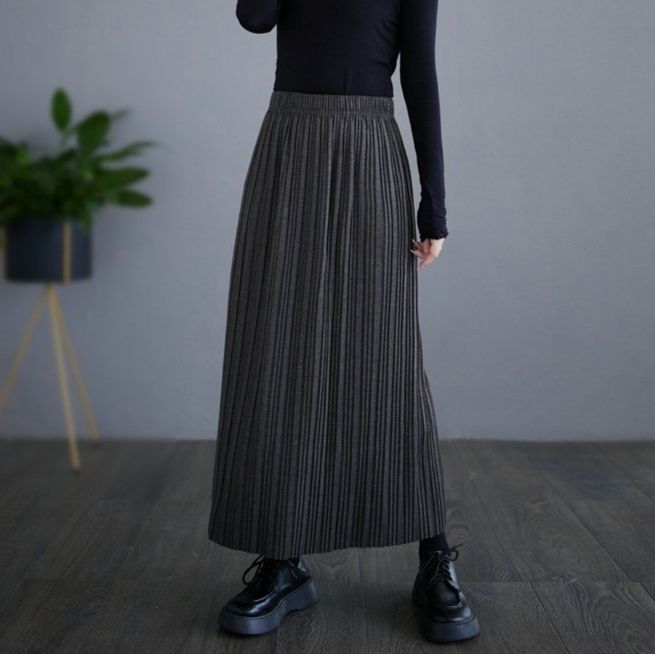 シンプルプリーツミモレ丈スカート レディース 秋冬 ウエストゴム すっきり美シルエット スリット入り きれいめ 大人カジュアル