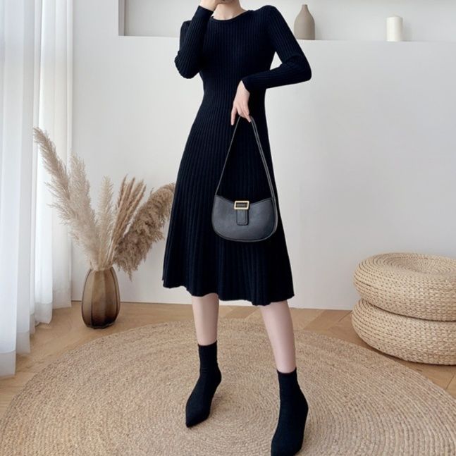 上品ニットワンピース レディース 秋冬 ウエストシェイプ Aライン ミモレ丈 すっきり美シルエット 長袖 きれいめカジュアル