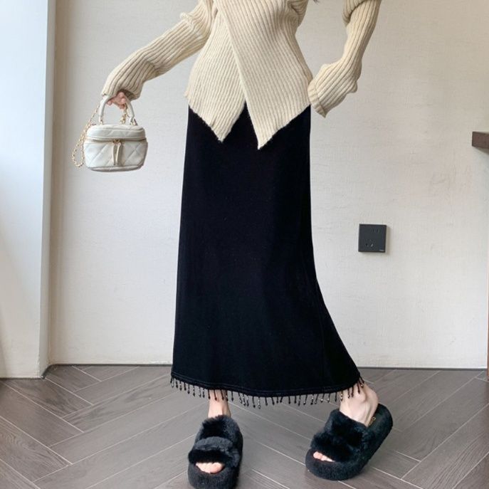 上品ベルベットタイトスカート レディース 秋冬 ハイウエスト ミモレ丈 美シルエット スリット入り Iライン きれいめカジュアル