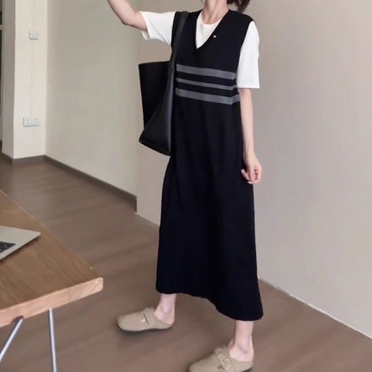 きれいめカジュアル ベスト重ね着風半袖ロング丈ワンピース