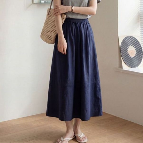 リネン風フレアロングスカート レディース 夏向け ゆったり 体型カバー ナチュラル きれいめ 大人カジュアル