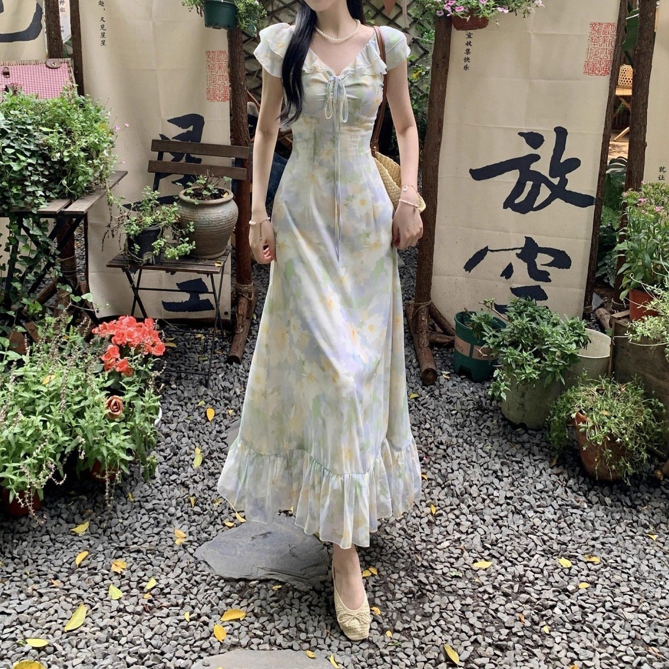 きれいめカジュアル フレンチ花柄シフォンワンピース レディース フリル ティアード リゾート