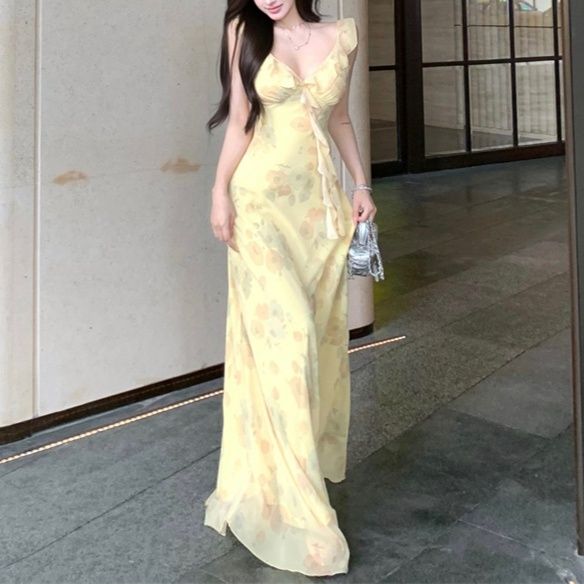 きれいめカジュアル イエロー花柄キャミワンピース レディース 夏 フリル袖 ウエストマーク ロング丈