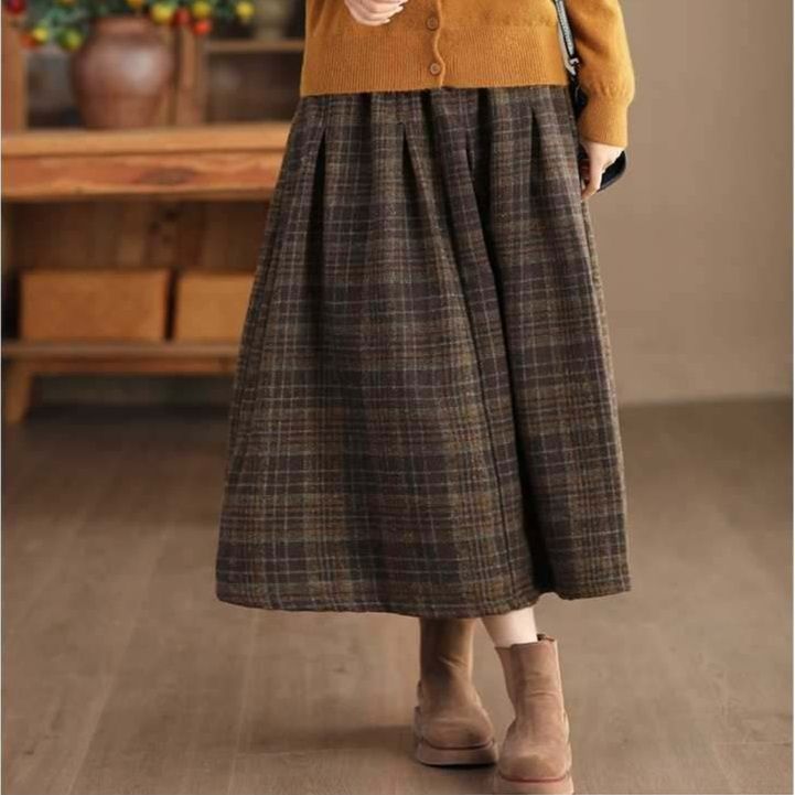 きれいめカジュアル 格子柄ウール混ギャザーフレアミディスカート