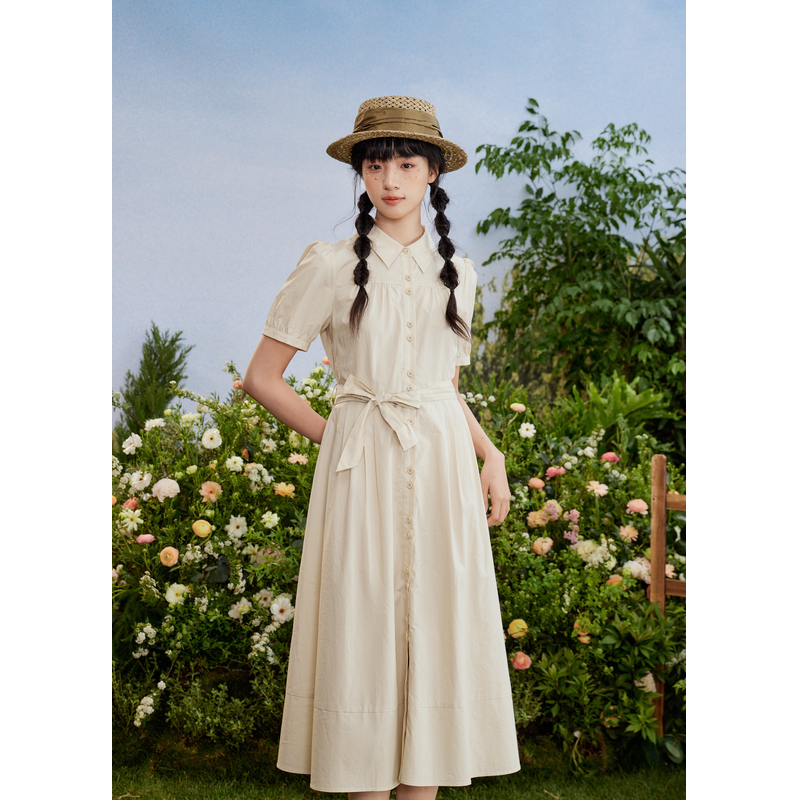 きれいめカジュアル 優美な麦わら帽子付き リボンベルト シャツワンピース
