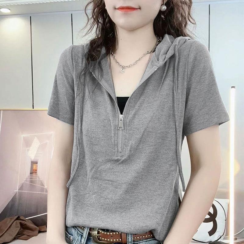 きれいめカジュアル リブ編み半袖ジップアップフード付きパーカー